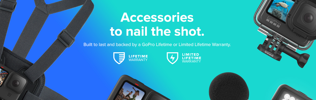 System med utvidbare moduler Collage med diverse GoPro-utstyr, slik som sele og kamerafeste